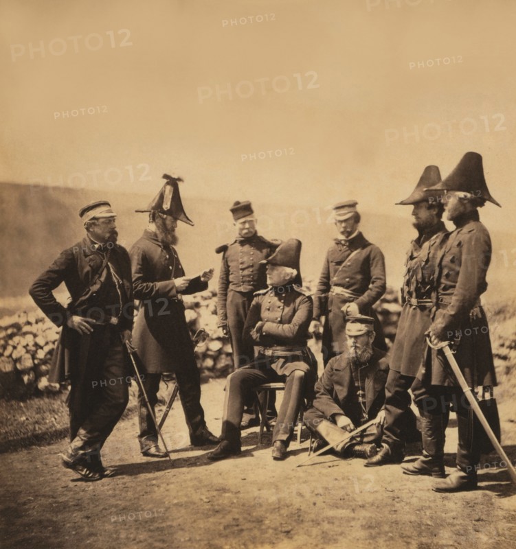 British Lieutenant General Sir George Brown and Officers of his Staff, Major Edmund Hallewell, Colonel Studholme Brownrigg, Colonel James Airey, Captains Richard Pearson, William Thomas Markham & Arthur Ponsonby, Portrait, Crimean War, Crimea, Ukraine, by Roger Fenton, 1855
