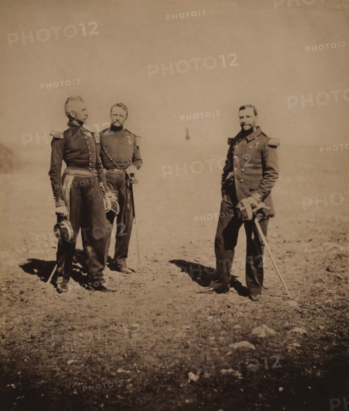 French Generals Labousiniere & Beuret standing with Third Officer, Crimean War, Crimea, Ukraine, by Roger Fenton, 1855
