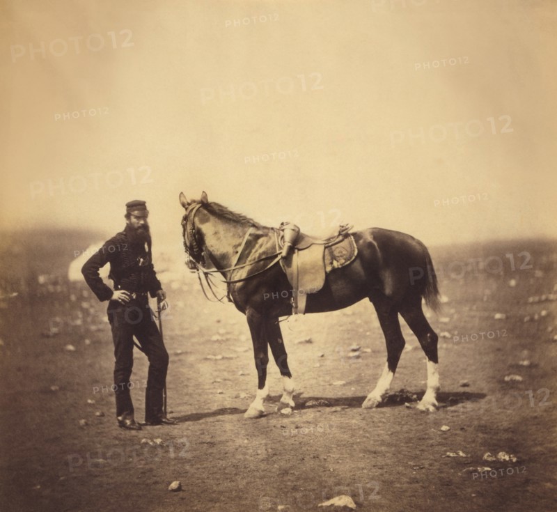 British Major Charles Woodford, Rifle Brigade, Full-Length Portrait Standing next to Horse, Crimean War, Crimea, Ukraine, by Roger Fenton, 1855