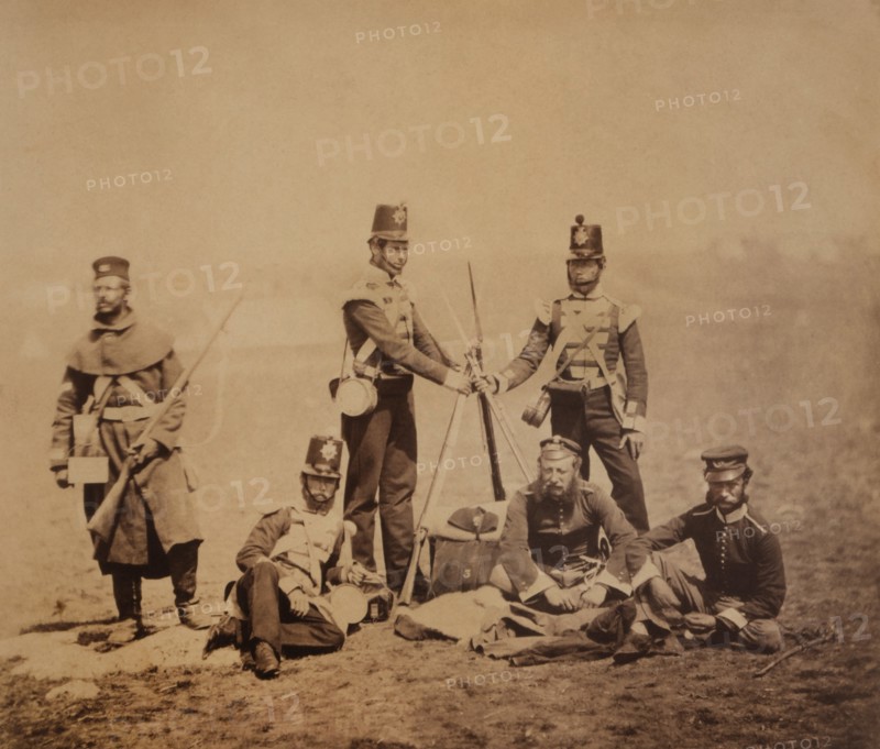 English Private Soldiers and Officers of the 3rd East Kent Regiment (The Buffs) Piling Arms, Crimean War, Crimea, Ukraine, by Roger Fenton, 1855