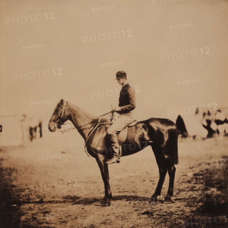 British Captain Frederick Morgan, Rifle Corps, A.D.C. to General Bernard, on Coxcomb, Winner of Crimean Races, Property of Captain Barnard, Grenadier Guards, Crimean War, Crimea, Ukraine, by Roger Fenton, 1855
