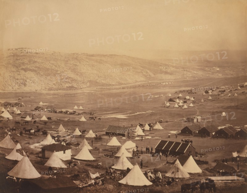 View of British Military Camp with Tents, Buildings, Soldiers and Horses, Crimean War, Crimea, Ukraine, by Roger Fenton, 1855
