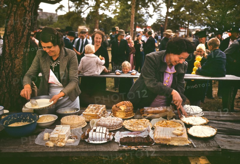 Two Women Getting Ready to Serve Dessert at Town Fair, Pie Town, New Mexico, USA, Russell Lee for Farm Security Administration - Office of War Information, October 1940