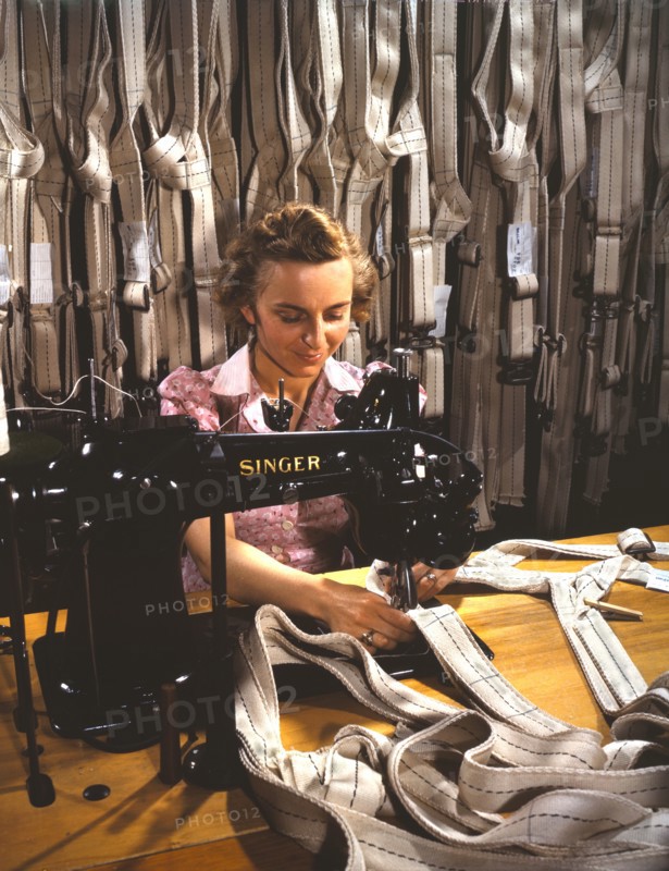 Mary Saverick Stitching Harnesses during WWII, Pioneer Parachute Company Mills, Manchester, Connecticut, USA, William M. Rittase for Office of War Information, July 1942