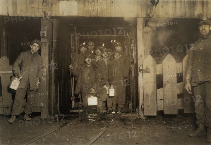 Group of Coal Miners Waiting for Cage to go up at end of Work Day, South Pittston, Pennsylvania, USA, Lewis Hine for National Child Labor Committee, January 1911