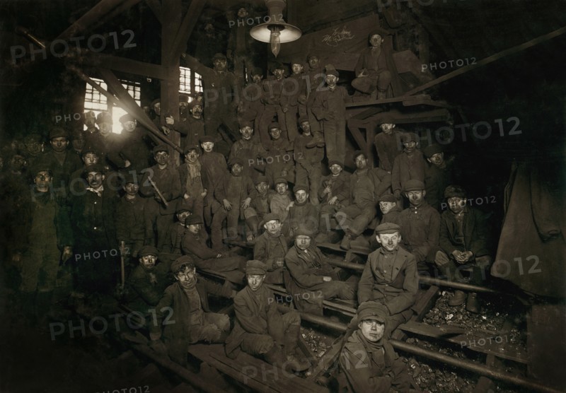 Large Group of Breaker Boys inside Ewen Breaker, Noon Break, South Pittston, Pennsylvania, USA, Lewis Hine for National Child Labor Committee, January 1911