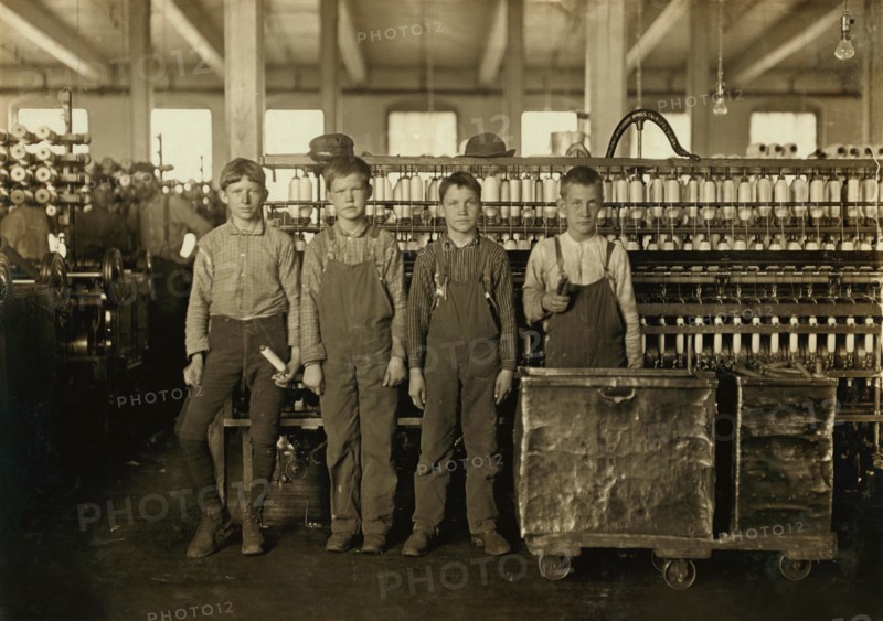 Four Young Doffer Boys, Full-Length Portrait, Usually Work 12 hours without any hour off for lunch, Daniel Manufacturing Company, Lincolnton, North Carolina, USA, Lewis Hine for National Child Labor Committee, November 1908
