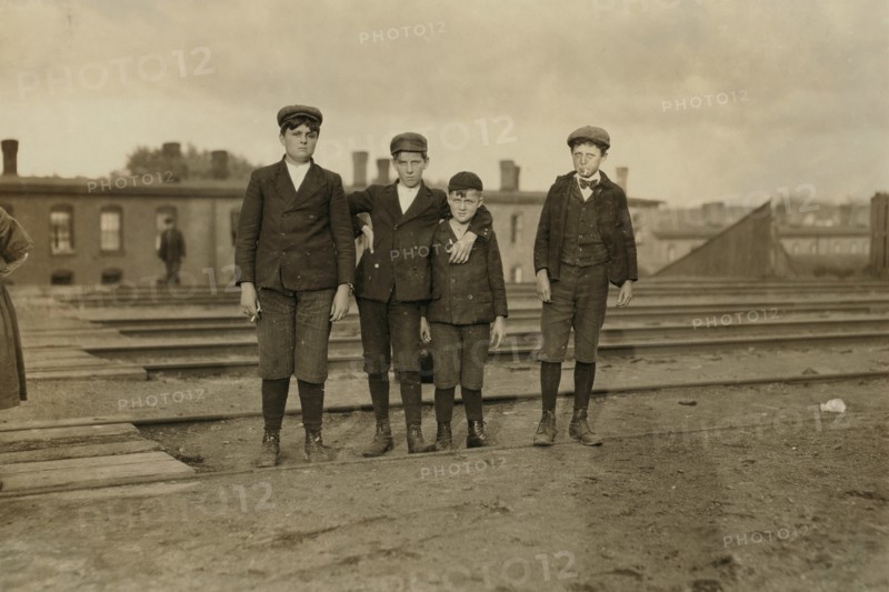 Four Young Boys Employed at Great Falls Manufacturing Company, Full-Length Portrait, Somersworth, New Hampshire, USA, Lewis Hine for National Child Labor Committee, May 1909