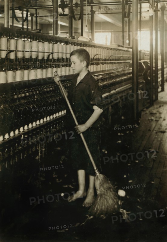 Cleaner and Sweeper, Full-Length Portrait with Broom, Spinning Department, American Linen Company, Fall River, Massachusetts, USA, Lewis Hine for National Child Labor Committee, June 1916