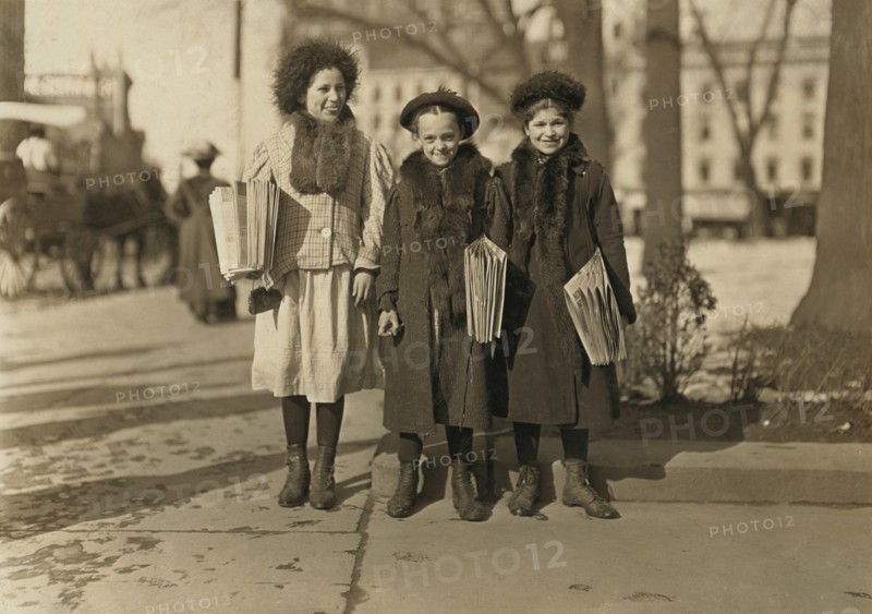 Yedda Welled, 11 years, Rebecca Cohen, 12 years & Rebecca Kirwin, 14 years, Portrait Selling Newspapers, Hartford, Connecticut, USA, Lewis Hine for National Child Labor Committee, March 1909