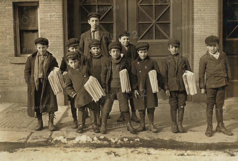 Group of Young Newsies Selling Newspapers, Portrait Standing on Sidewalk, Hartford, Connecticut, USA, Lewis Hine for National Child Labor Committee, March 1909