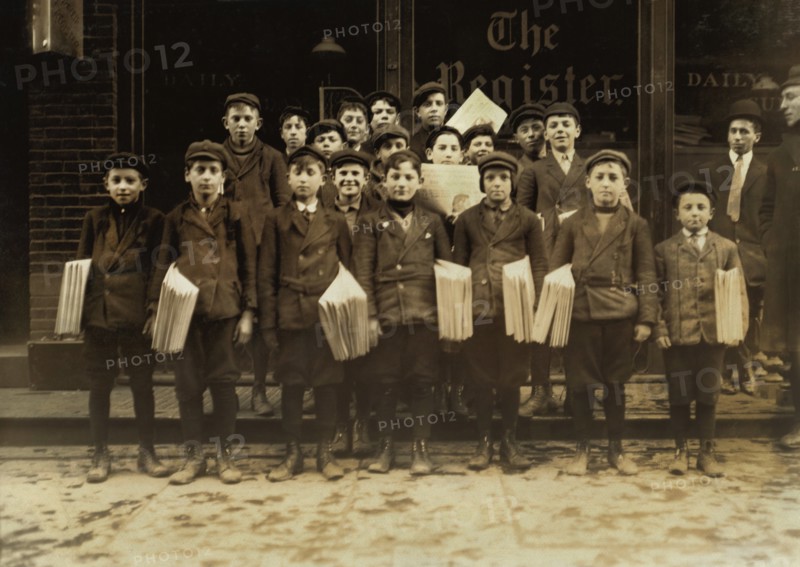 Group of Young Newsboys, Full-Length Portrait, New Haven, Connecticut, USA, Lewis Hine for National Child Labor Committee, March 1909