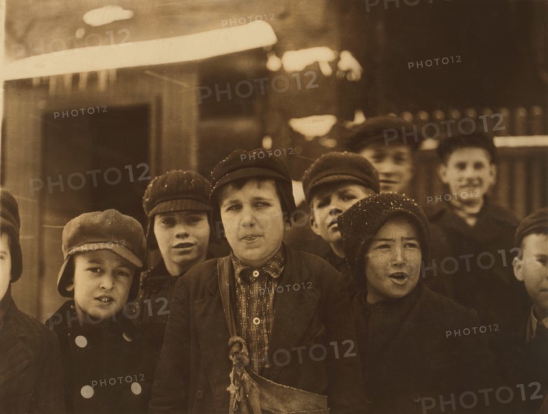 Group of Young Newsboys, Utica, New York, USA, Lewis Hine for National Child Labor Committee, February 1910
