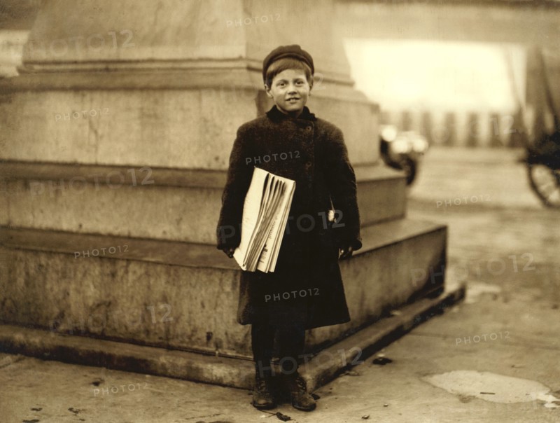 Thomas Messina, 8 years old, Newsboy, Full-Length Portrait, Hoboken, New Jersey, USA, Lewis Hine for National Child Labor Committee, December 1912