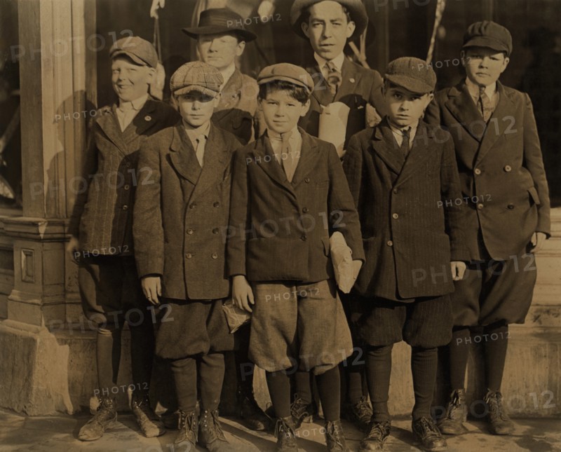 Group of Young Boys, Mostly under 12 years old, Working at Furchgott's Department Store, Full-Length Portrait, Jacksonville, Florida, USA, Lewis Hine for National Child Labor Committee, March 1913