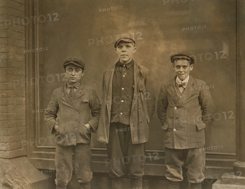 Joseph Giordano, Freddie Reed, Willard Leavenworth, Young Employees at Kibbe's Candy Factory, Three-Quarter Length Portrait, Springfield, Massachusetts, USA, Lewis Hine for National Child Labor Committee, October 1910