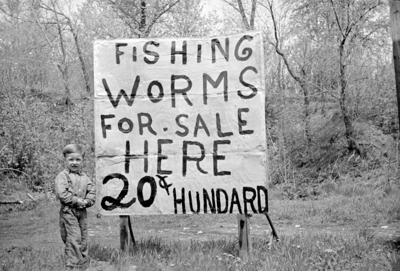 Young Boy Selling Fishing Worms, Standing next to Large Sign, Lake Ozark, Missouri, USA, Farm Security Administration, 1935