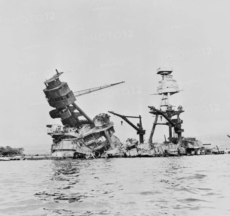 Wreckage of USS Arizona after Imperial Japanese Navy Air Service Attack, Pearl Harbor Hawaii, Office of Emergency Management, December 7, 1941
