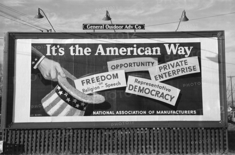 Billboard, National Association of Manufacturers, Oklahoma City, Oklahoma, USA, Russell Lee, Farm Security Administration, January 1940