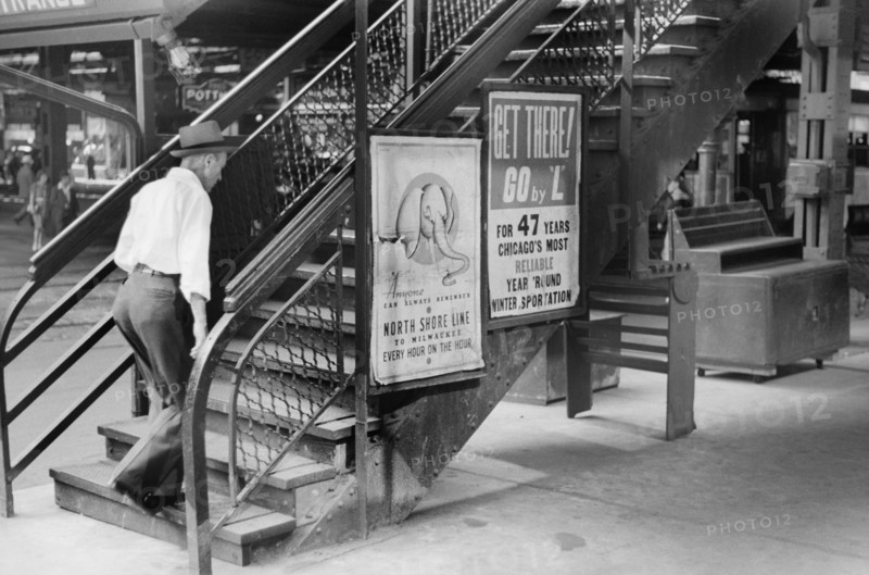 Man Walking up "L" Steps, Chicago, Illinois, USA, John Vachon, Farm Security Administration, July 1940