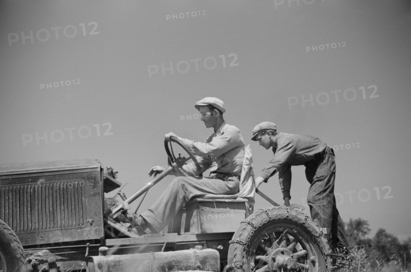 Luke Weldon, Small Farmer, and his son using Ancient Buick as Improvised Tractor. Automobile Purchased in Second-Hand Car Lot for Fifteen Dollars. New Bridgetown, New Jersey, USA, Edwin Rosskam, Farm Security Administration, June 1936