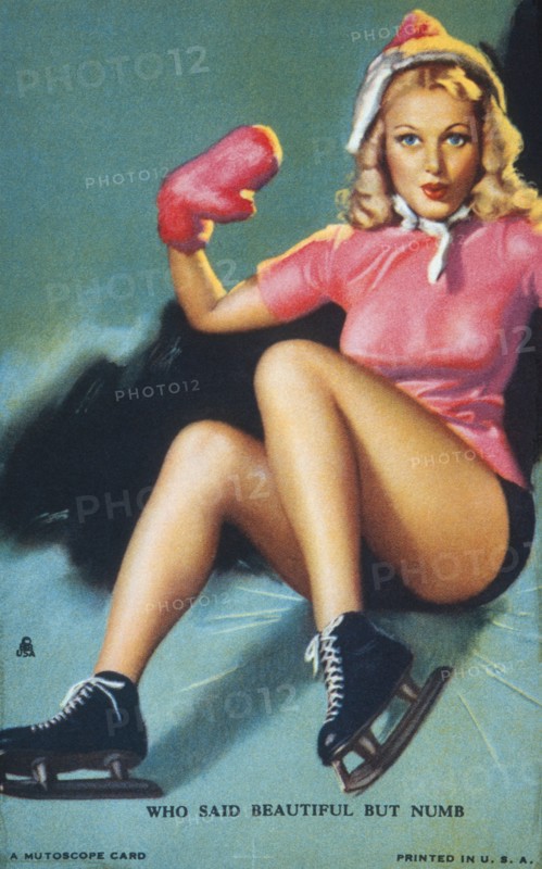 Woman Falling while Ice Skating, Mutoscope Card, Who said Beautiful but Numb, circa 1940