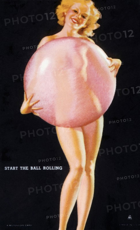 Nude Woman Standing Behind Translucent Ball, Start the Ball Rolling, Mutoscope Card, circa 1940
