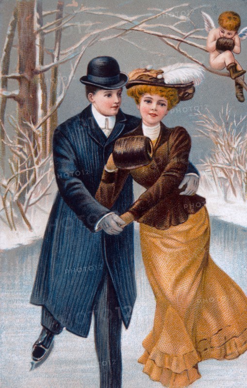 Couple Ice Skating With Cupid Looking On, Lithograph, circa 1900