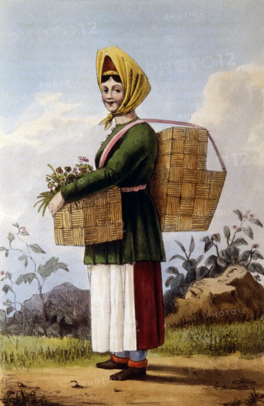 Mushroom Gatherer, Hand-Colored Engraving from Robert Pinkerton's Russia, circa 1833