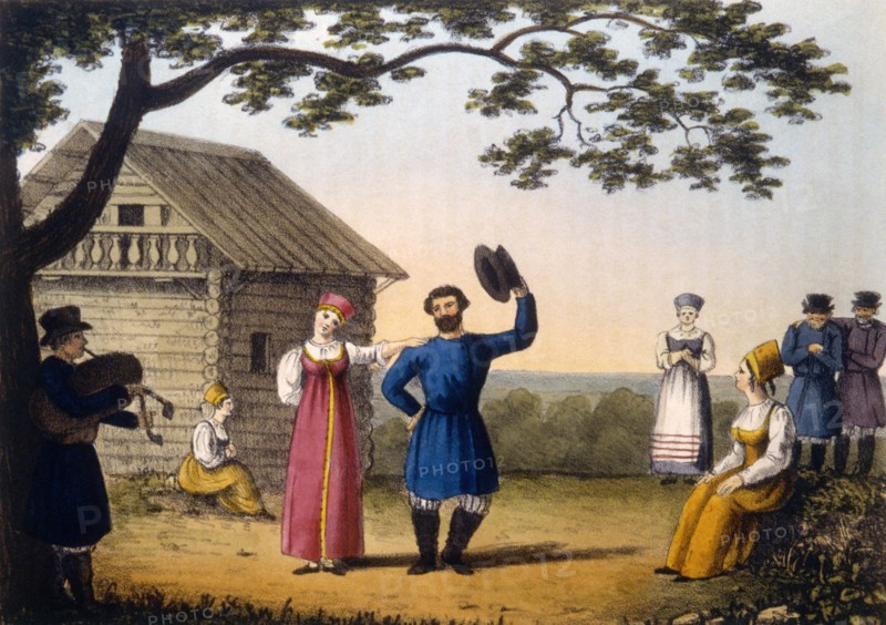 Russian National Dance, Hand-Colored Engraving From Robert Pinkerton's Russia, circa 1833