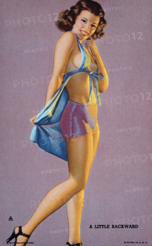 Woman Wearing an Apron Backwards, "A Little Backward", Mutoscope Card, 1940's
