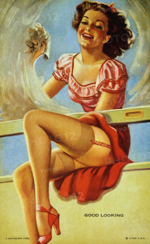 Sexy Woman Washing Window, "Good Looking", Mutoscope Card, 1940's