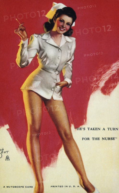 Woman Dressed as Sexy Nurse, "He's Taken a Turn for the Nurse", Mutoscope Card, 1940's