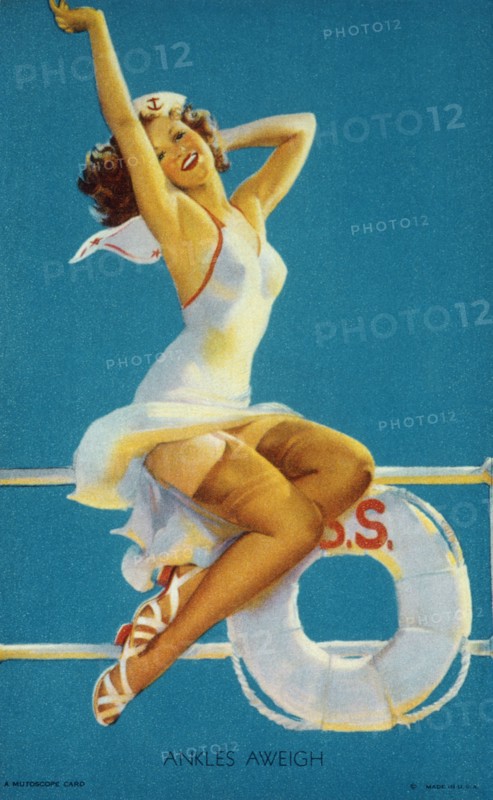 Woman Seated by Life Ring on Ship, "Ankles Aweigh", Mutoscope Card, 1940's