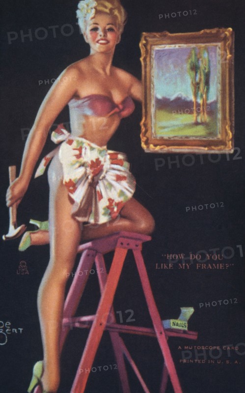 Sexy Woman Hanging Framed Painting on Wall, "How Do You Like My Frame?", Mutoscope Card, 1940's