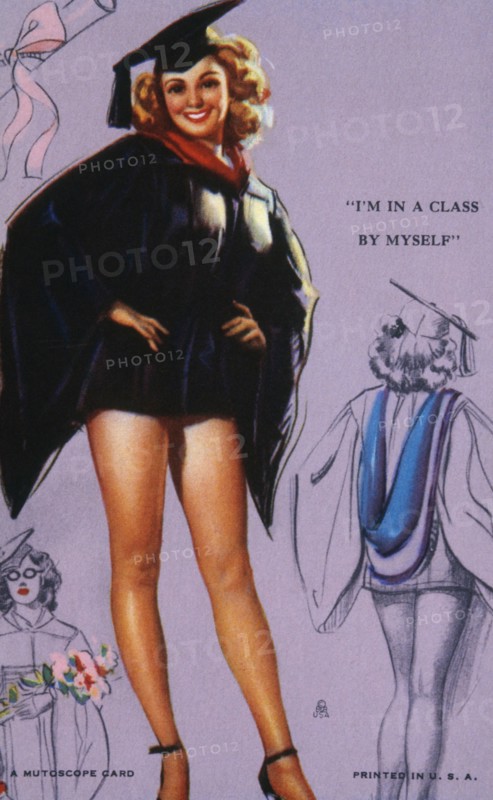 Woman Wearing Sexy Graduation Cap and Gown, "I'm in a Class by Myself", Mutoscope Card, 1940's