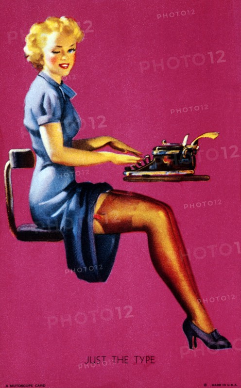 Woman Using Typewriter, "Just the Type", Mutoscope Card, 1940's