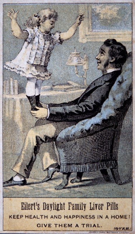 Father Seated in Chair with Daughter, Eilert's Daylight Family Liver Pills, Trade Card, circa 1900