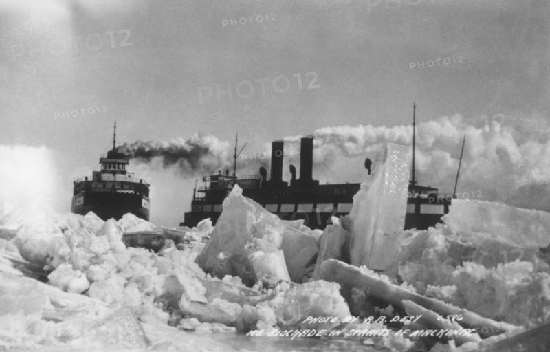 Great Lake Ships Blocked by Ice in the Straits of Mackinac, Michigan, USA