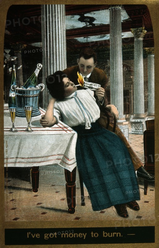 Couple in Restaurant Drinking Champagne & Lighting Cigarette with Dollar Bill, I've got Money to Burn, Illustration, circa 1901