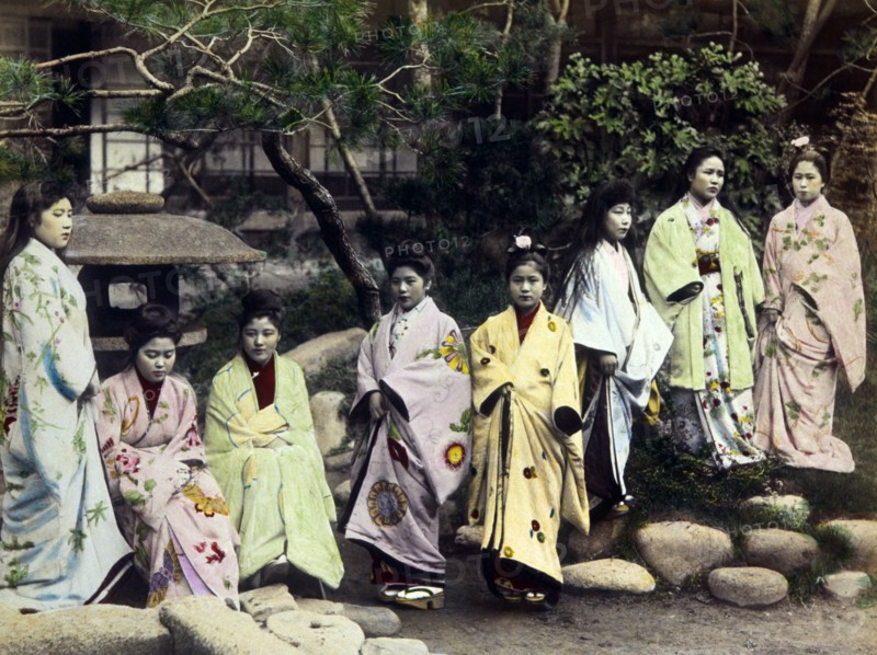 Group of Young Japanese Women in Traditional Clothing, Portrait, Hand Colored Albumen Photograph, circa 1880