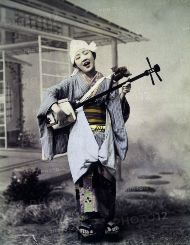 Girl with Samisen or Gozenobo, Hand Colored Albumen Photograph, circa 1880