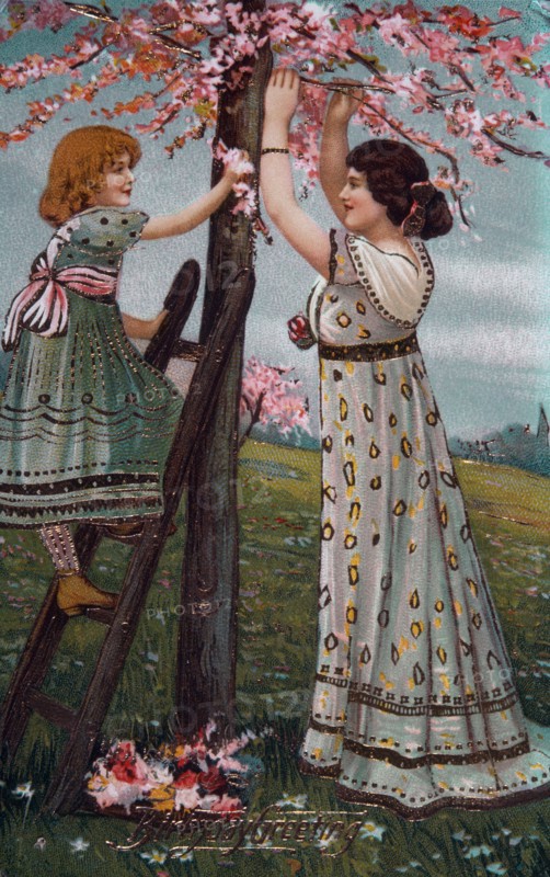 Young Woman and Child Cutting Flowers from Tree, Birthday Greeting Card, circa 1910