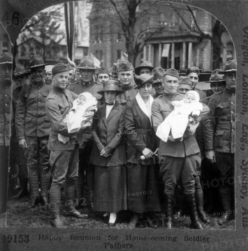 Homecoming Reunion for Soldier Fathers and Their Babies, War World I, Single Image of Stereo Card, circa 1917