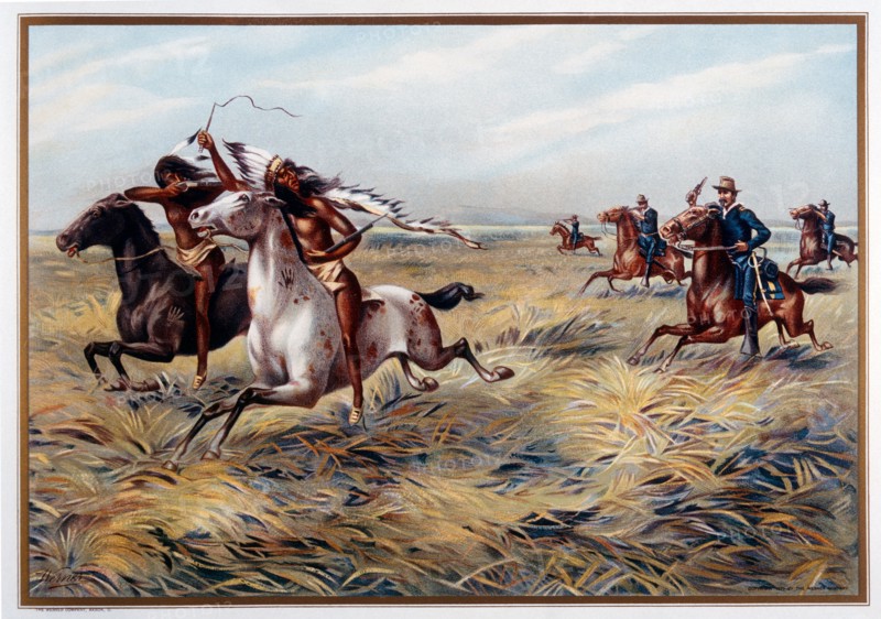 U.S. Cavalry Pursuing Native Americans, Lithograph, circa 1899