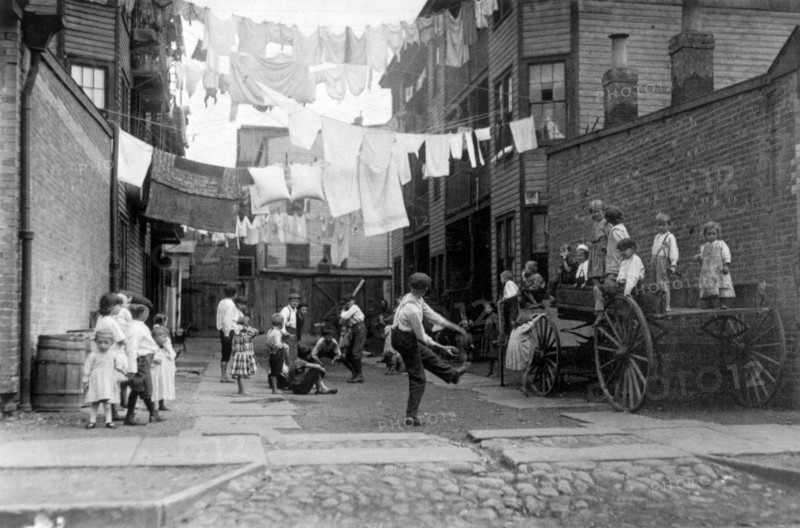 Children Playing Baseball in Tenement Alley, Boston, Massachusetts, USA