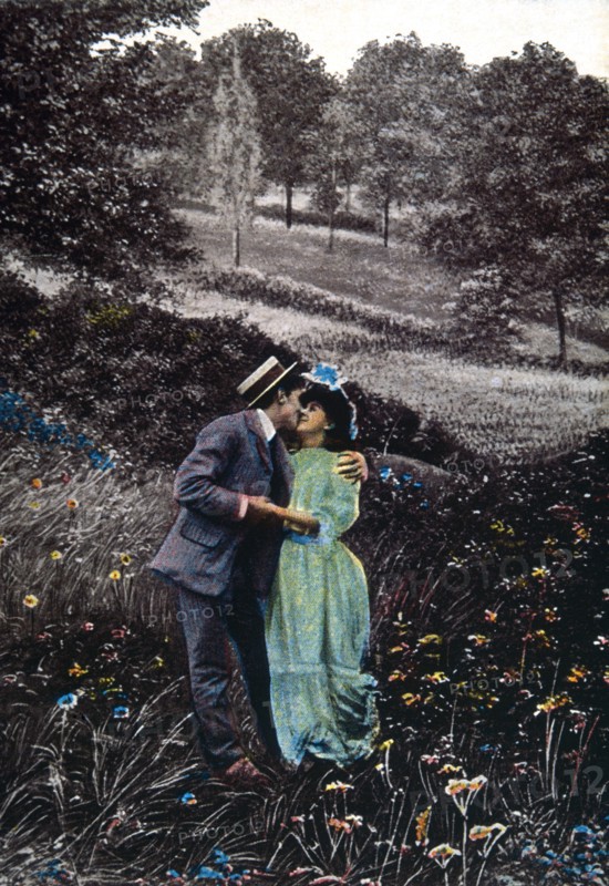 Man Kissing Woman in Field, Postcard, circa 1910