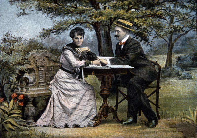 Couple Seated at Table in Park, Post Card, circa 1904