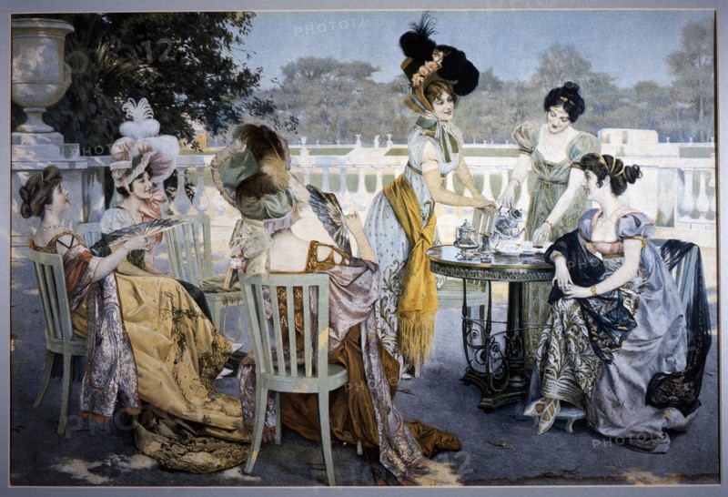 Group of Women in Victorian-Era Dresses at Outdoor Tea Party, Painting, circa 1880
