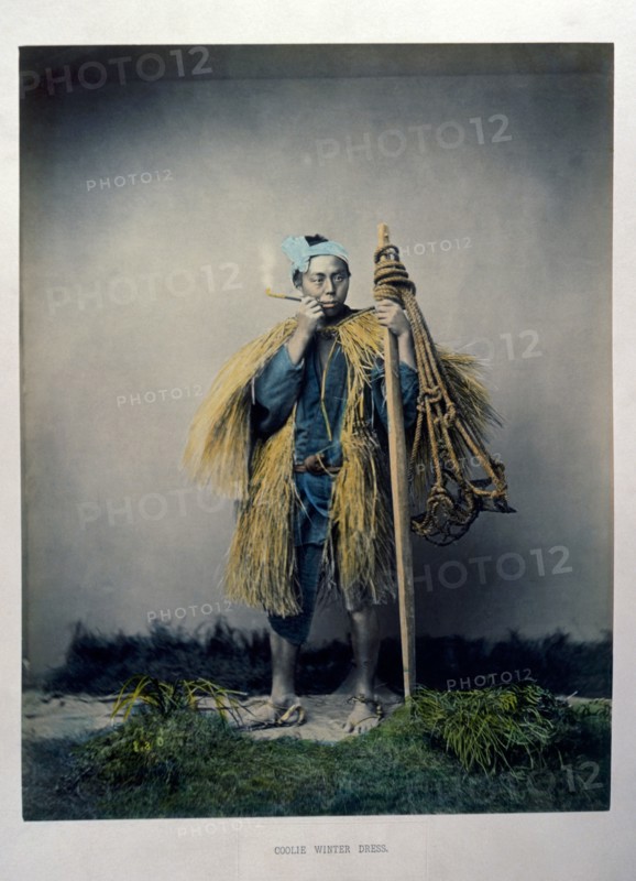 Japanese Coolie in Winter Dress, Hand-Colored Albumen Photograph, circa 1870